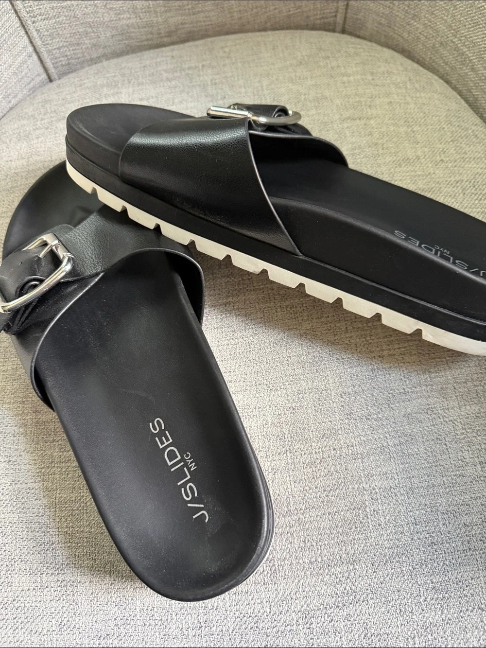 J/SLIDES Women’s Black Leather Slide Sandals with Silver Buckles